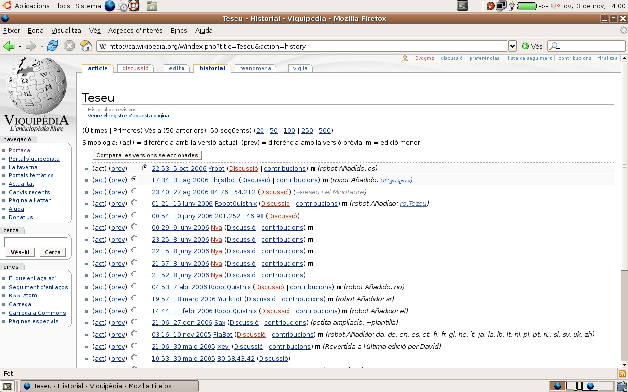 Screenshot of the versions history of the "Teseu" (Theseus) page in the Catalan Wikipedia
